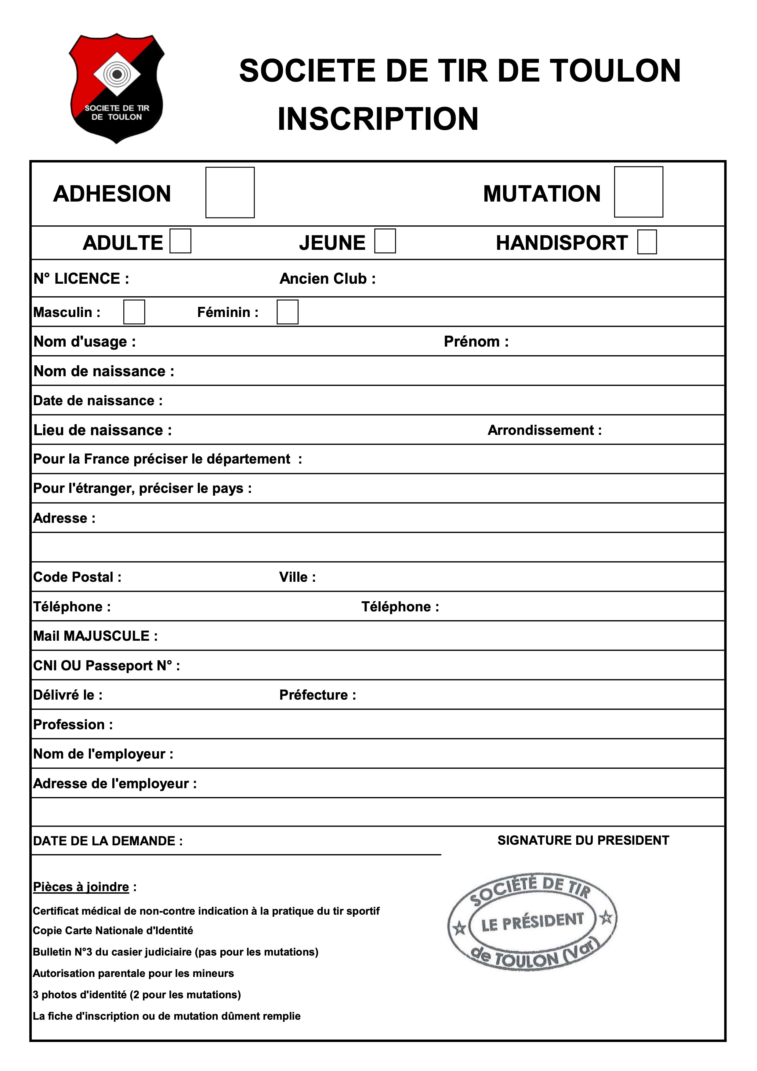 Fiche d'inscription sans signature  73